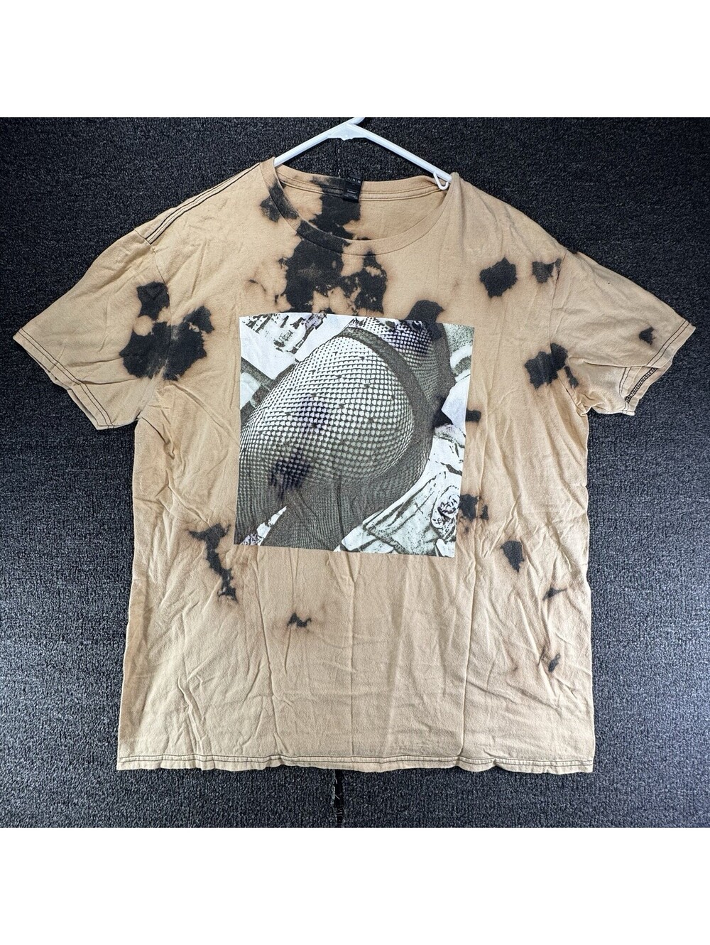 Custom Bleach Dye Mens XL Tan Fishnet Stockings Photo Graphic T-Shirt